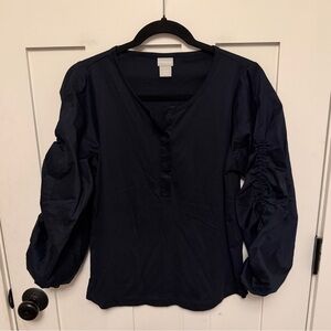 CHICOS Womens TOP Long Balloon Sleeve Navy BLUE Mixed Media Size 0 Small